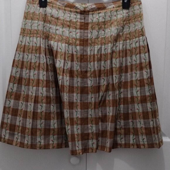 Free People Pleated Plaid Skirt Size 12 Floral Embroidered Cotton Boho Cottageco - Picture 7 of 10